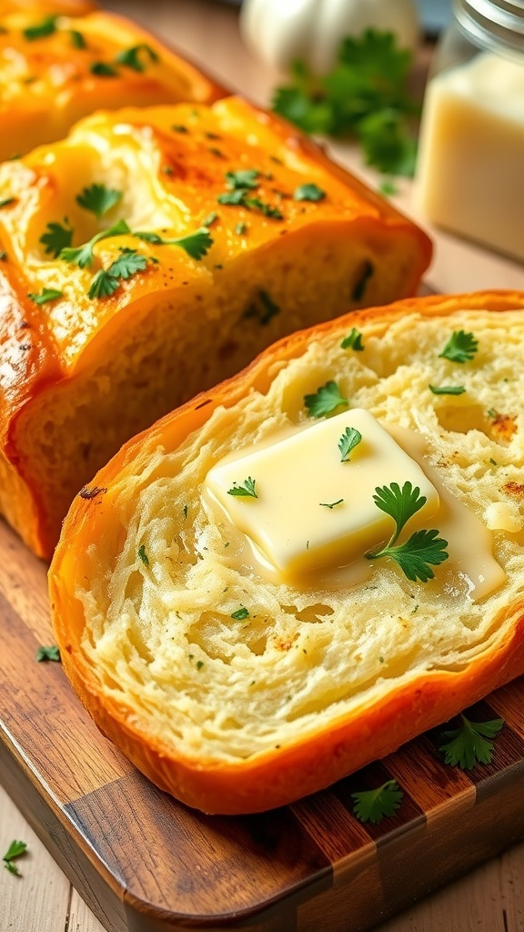 Garlic Bread Recipe by Jamie Oliver Crispy garlic bread slices topped with parsley, served on a wooden board.